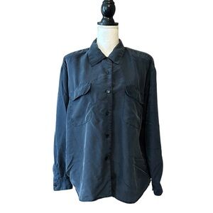 VINTAGE Sellecca 100% Silk Button Down Long Sleeve Shirt Women’s SZ 10 Blue Grey